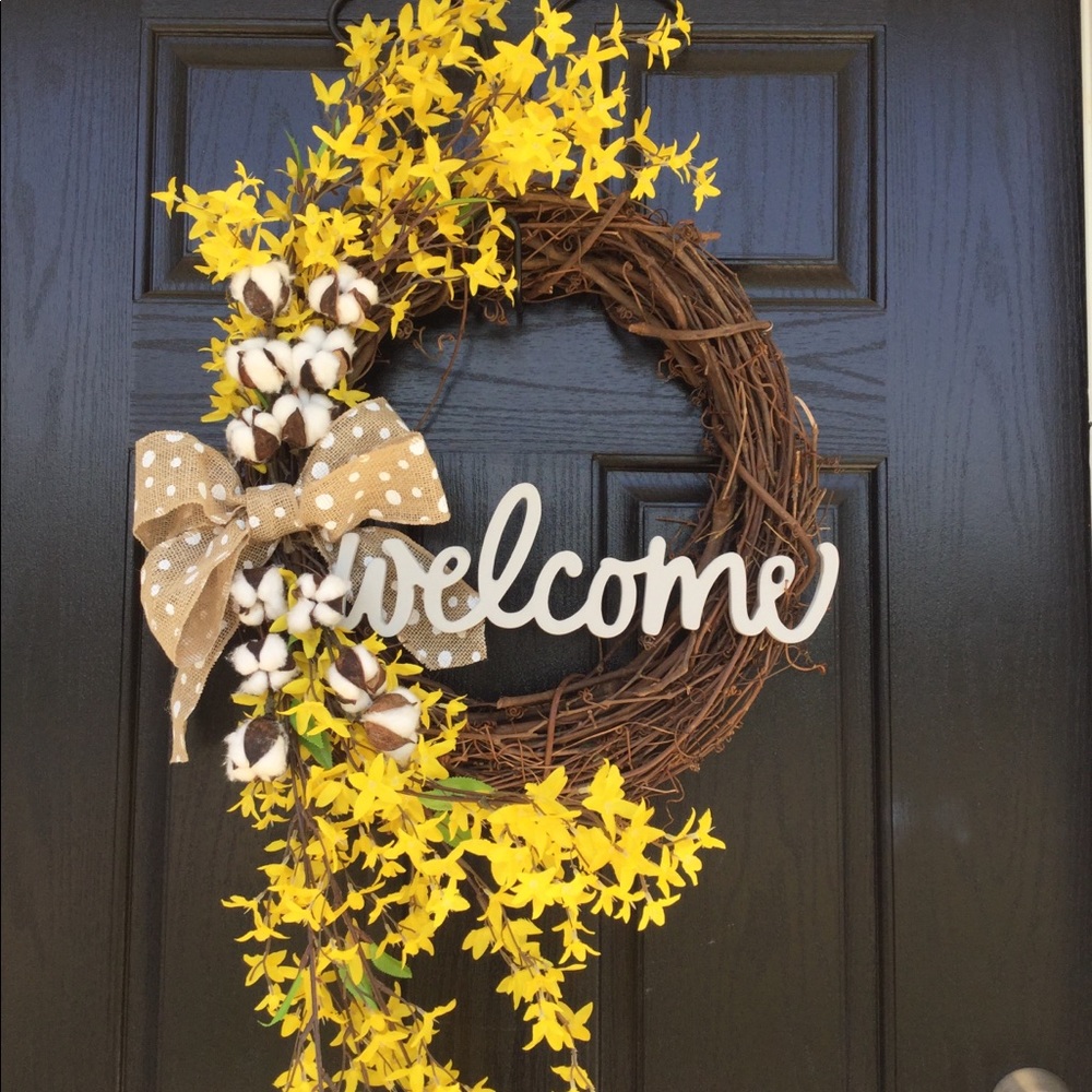 Yellow wildflower and cotton welcome wreath